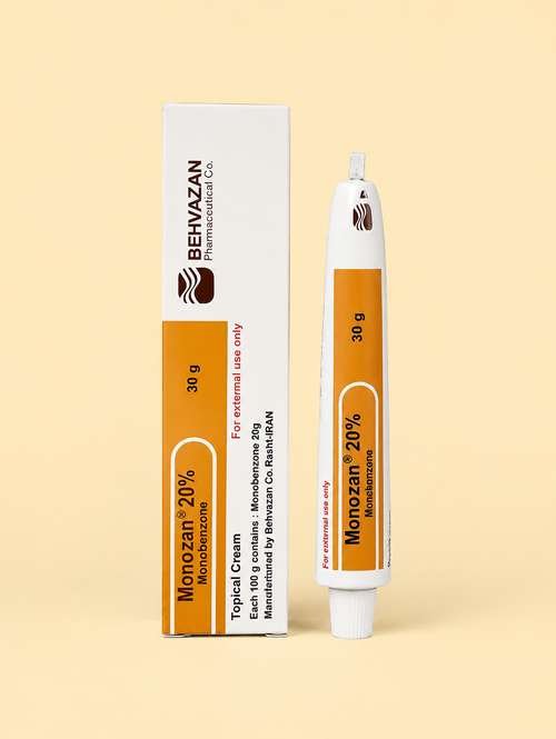 Monozan Monobenzone 20% cream tube and box Behvazan Pharmaceutical Iran
