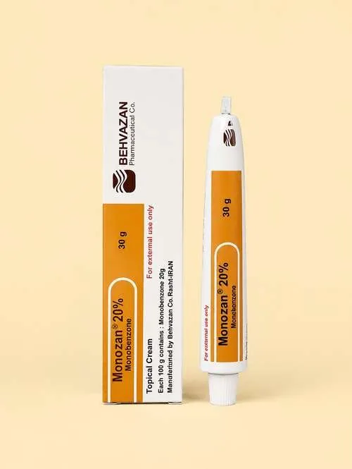 Monozan Monobenzone 20% cream tube and box Behvazan Pharmaceutical Iran