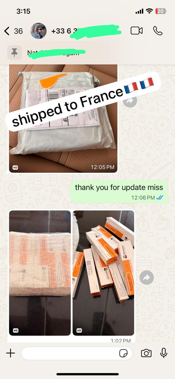 Real customer WhatsApp confirmation of Monobenzone cream delivery to France