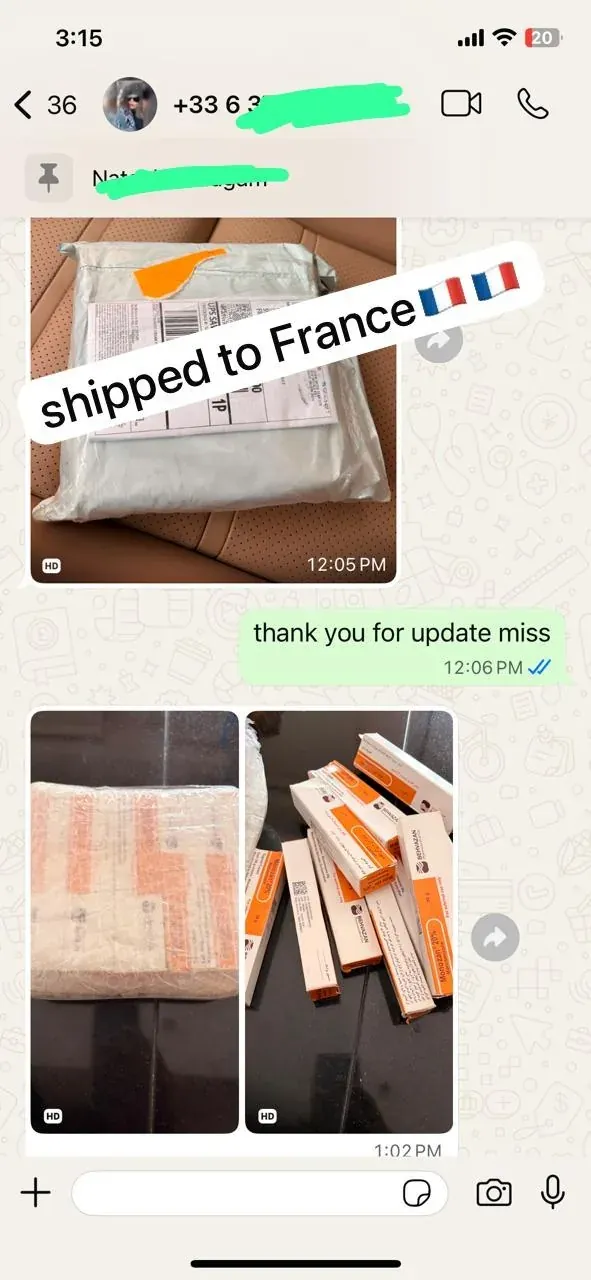 Real customer WhatsApp confirmation of Monobenzone cream delivery to France